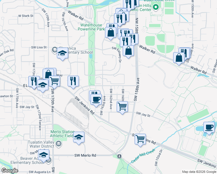 map of restaurants, bars, coffee shops, grocery stores, and more near 16220 Southwest Baseline Road in Beaverton