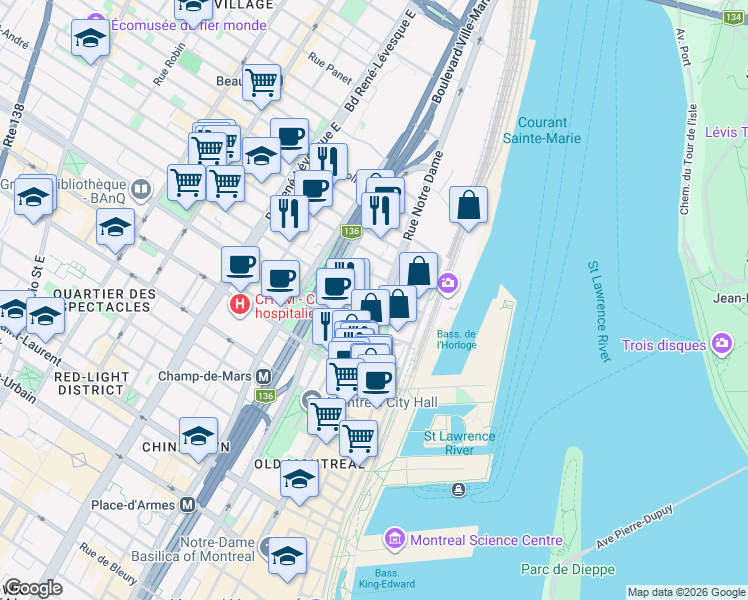 map of restaurants, bars, coffee shops, grocery stores, and more near in Montreal