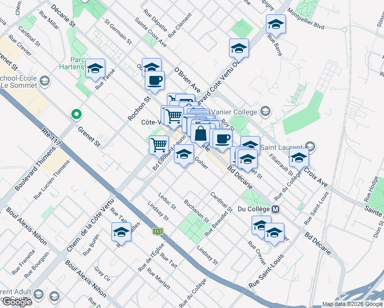 map of restaurants, bars, coffee shops, grocery stores, and more near Rue Gohier in Montréal