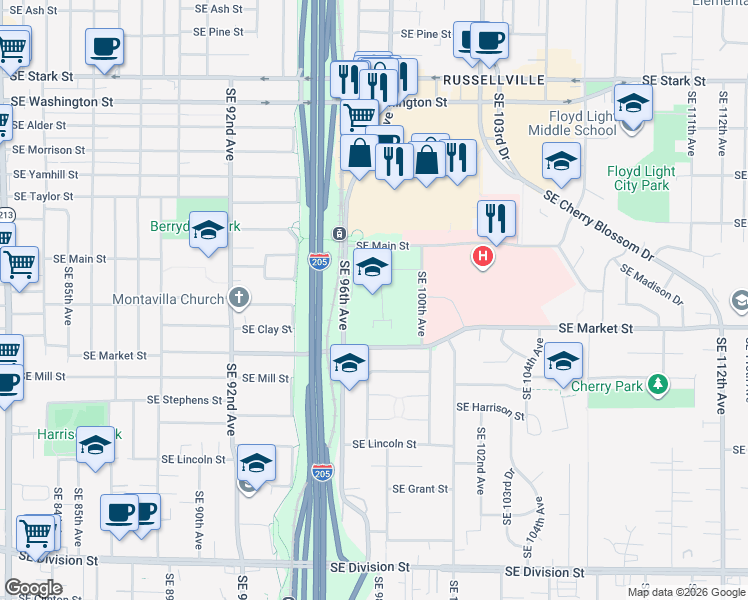 map of restaurants, bars, coffee shops, grocery stores, and more near 1500 Southeast 96th Avenue in Portland