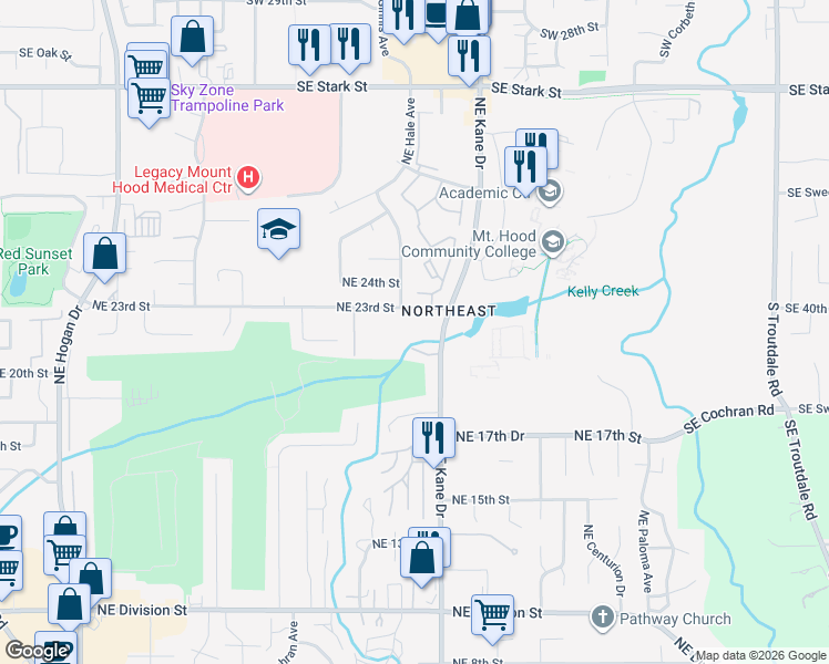 map of restaurants, bars, coffee shops, grocery stores, and more near 3050 Northeast 23rd Street in Gresham