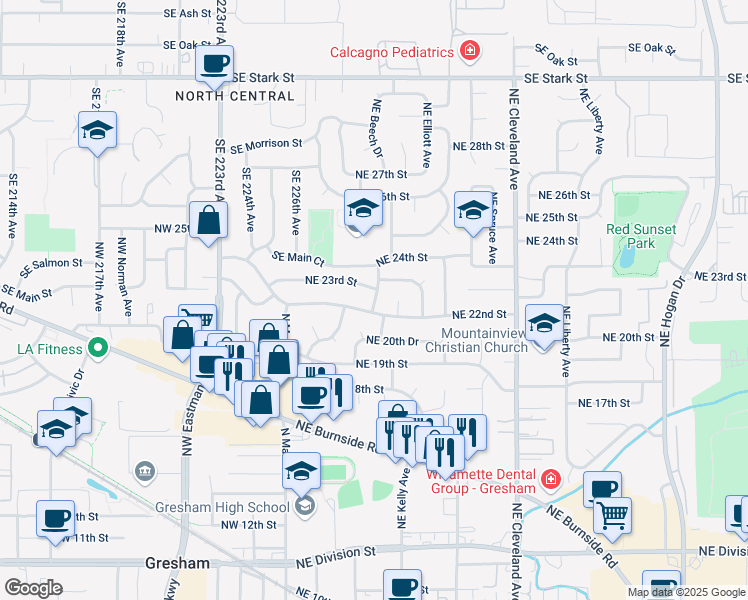 map of restaurants, bars, coffee shops, grocery stores, and more near 415 Northeast 23rd Street in Gresham