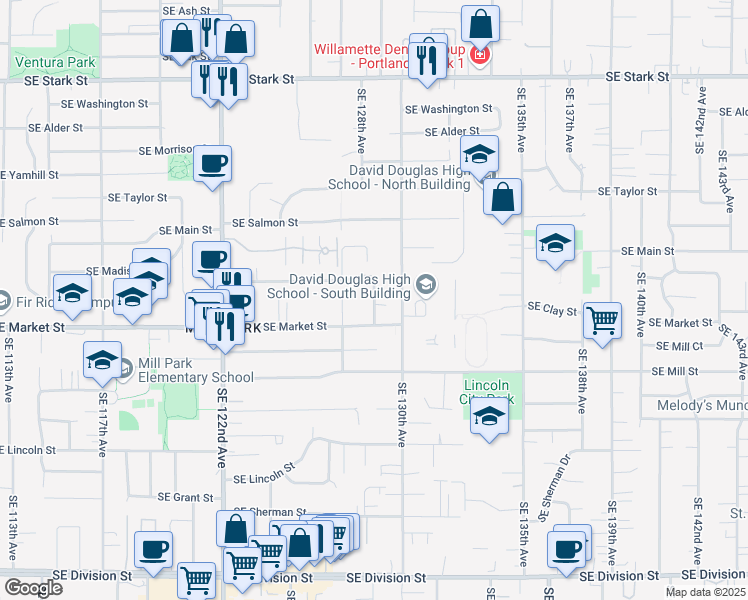 map of restaurants, bars, coffee shops, grocery stores, and more near 1409 Southeast 130th Avenue in Portland