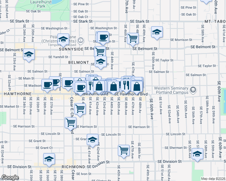 map of restaurants, bars, coffee shops, grocery stores, and more near 4343 Southeast Madison Street in Portland