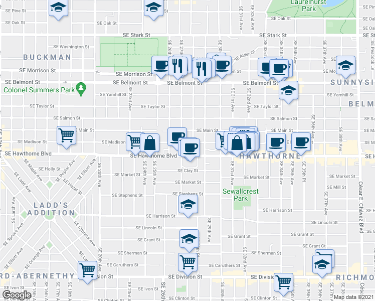 map of restaurants, bars, coffee shops, grocery stores, and more near 1334 Southeast 28th Avenue in Portland
