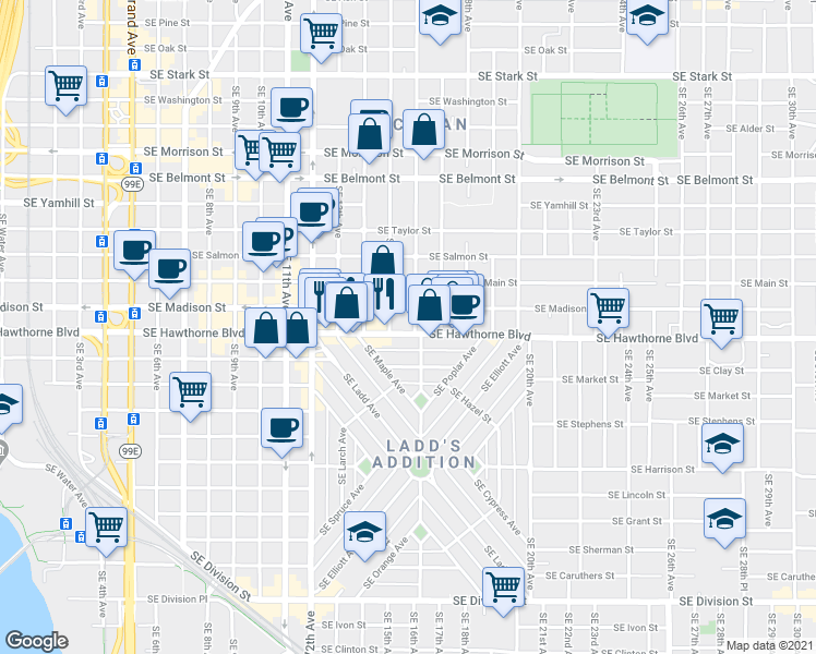 map of restaurants, bars, coffee shops, grocery stores, and more near 1505 Southeast Madison Street in Portland