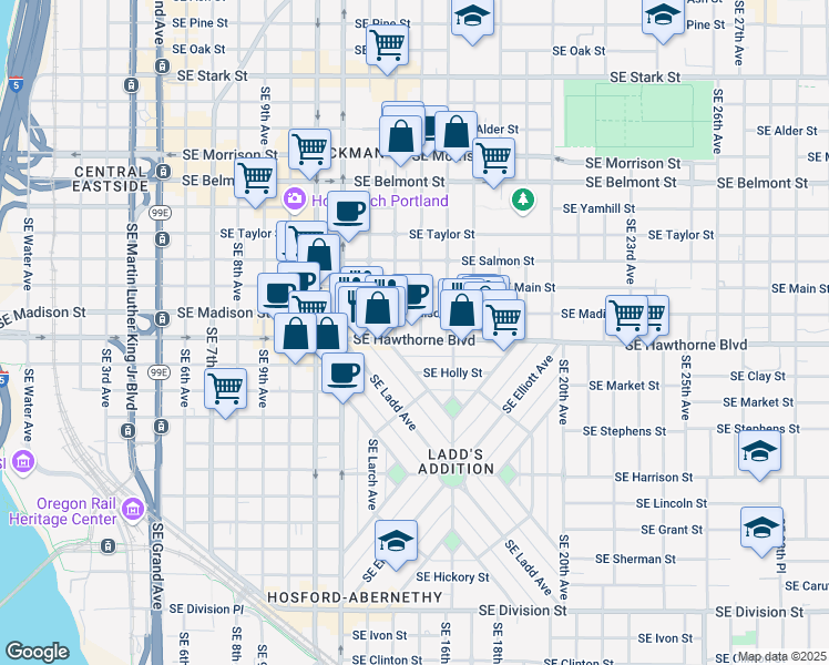 map of restaurants, bars, coffee shops, grocery stores, and more near 1505 Southeast Madison Street in Portland
