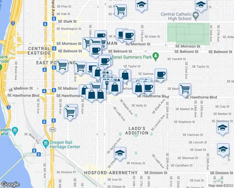 map of restaurants, bars, coffee shops, grocery stores, and more near 1331 Southeast Madison Street in Portland