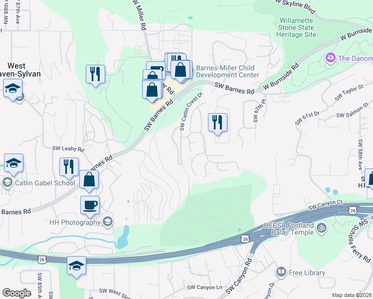 map of restaurants, bars, coffee shops, grocery stores, and more near 970 Southwest Summit View Court in Portland