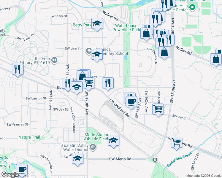 map of restaurants, bars, coffee shops, grocery stores, and more near 935 Southwest 166th Avenue in Beaverton