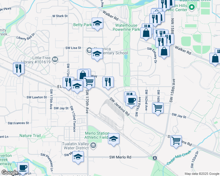 map of restaurants, bars, coffee shops, grocery stores, and more near 935 Southwest 166th Avenue in Beaverton