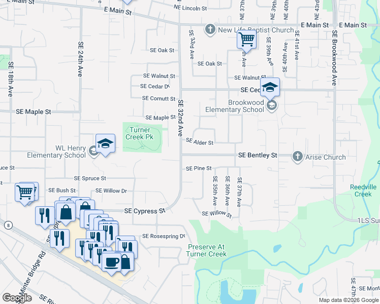 map of restaurants, bars, coffee shops, grocery stores, and more near 3272 Southeast Alder Street in Hillsboro