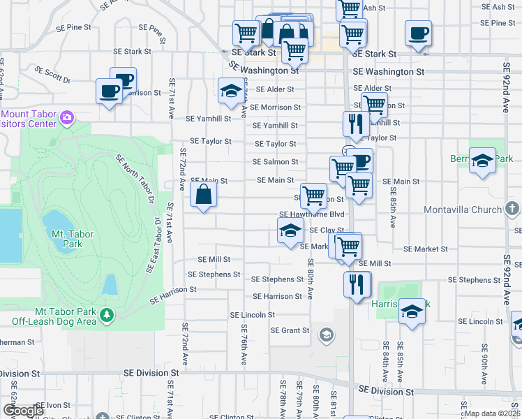 map of restaurants, bars, coffee shops, grocery stores, and more near 7647 Southeast Hawthorne Boulevard in Portland