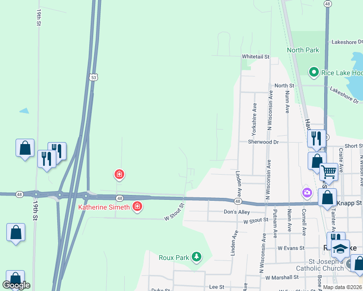 map of restaurants, bars, coffee shops, grocery stores, and more near 935 Hazelwood Drive in Rice Lake