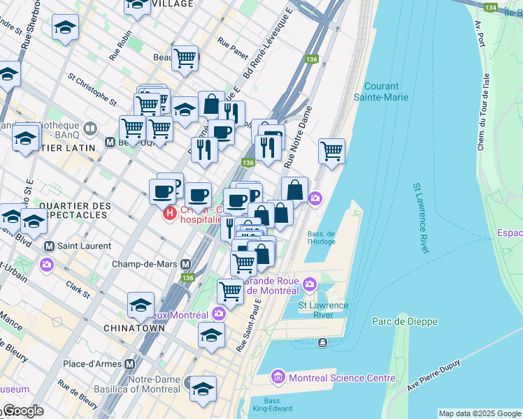 map of restaurants, bars, coffee shops, grocery stores, and more near 810 Rue Saint-Antoine Est in Montréal