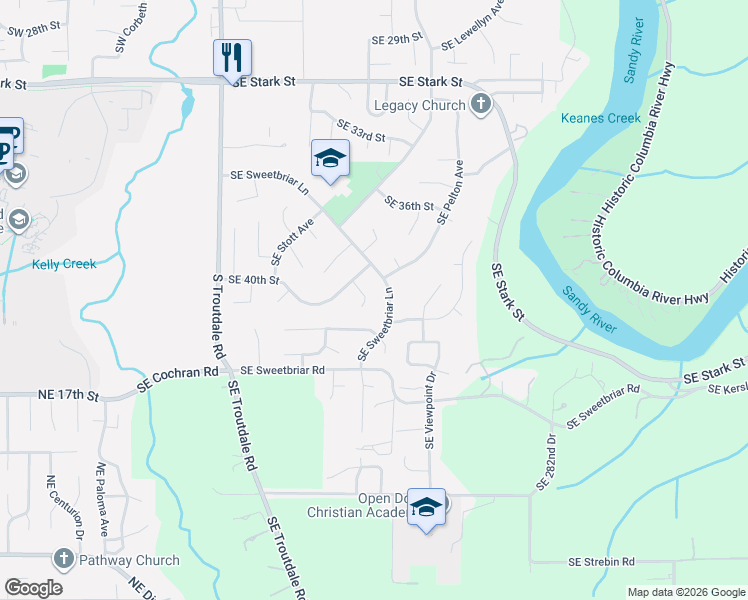 map of restaurants, bars, coffee shops, grocery stores, and more near 4036 Southeast Lenore Circle in Troutdale