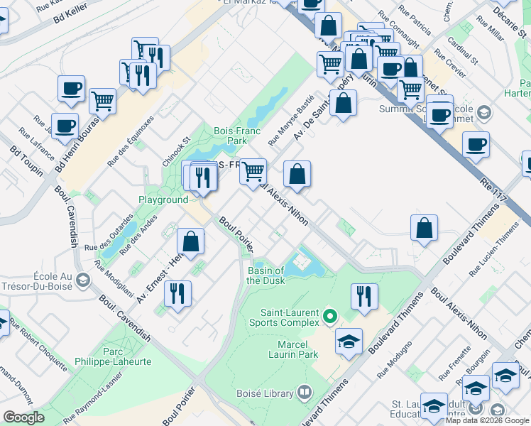 map of restaurants, bars, coffee shops, grocery stores, and more near 2379 Rue Charles Darwin in Montreal
