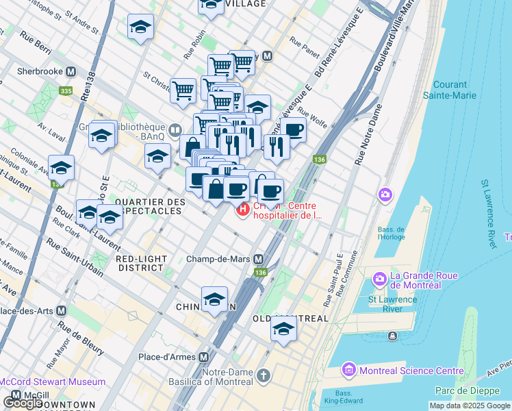 map of restaurants, bars, coffee shops, grocery stores, and more near 418 Rue de la Gauchetière Est in Montréal