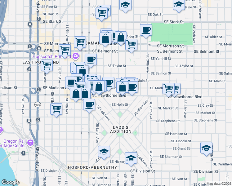 map of restaurants, bars, coffee shops, grocery stores, and more near 1529 Southeast Hawthorne Boulevard in Portland