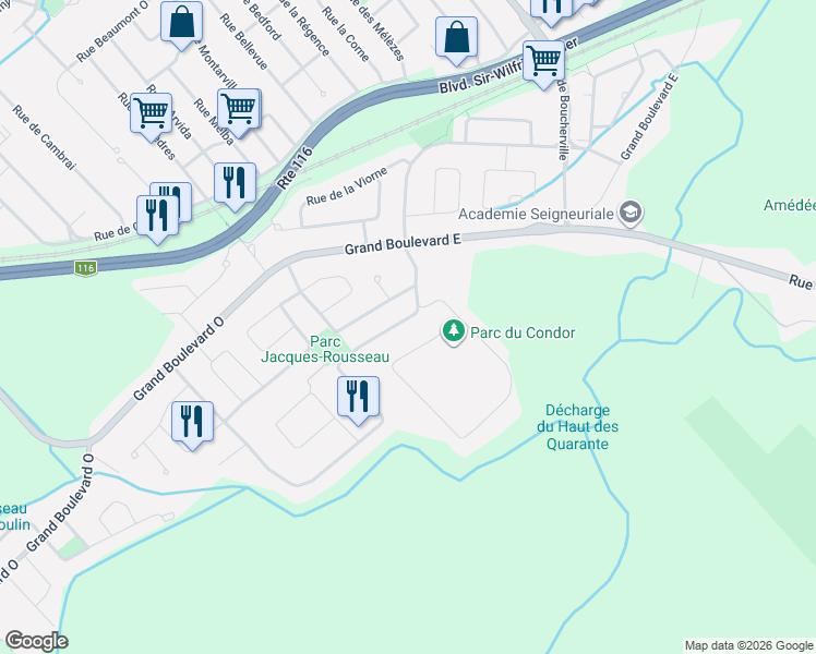 map of restaurants, bars, coffee shops, grocery stores, and more near 207 Rue Antoine-Forestier in Saint-Bruno-de-Montarville
