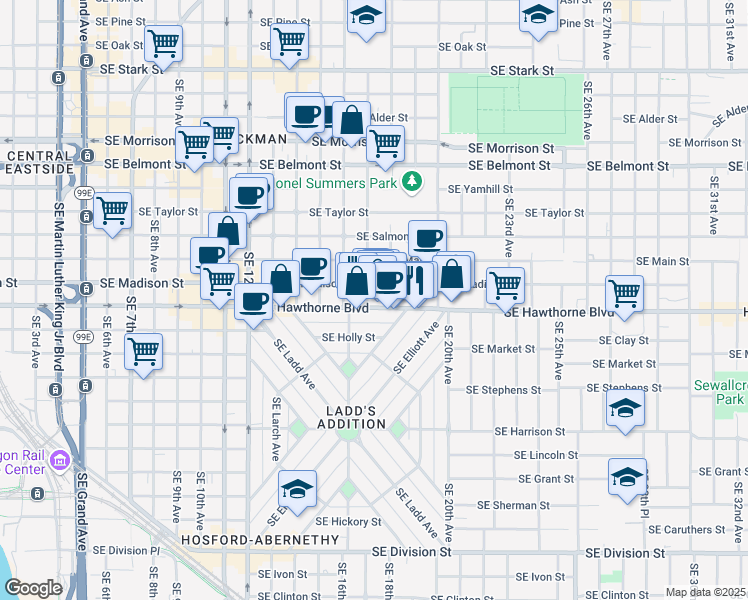 map of restaurants, bars, coffee shops, grocery stores, and more near 1625 Southeast Madison Street in Portland