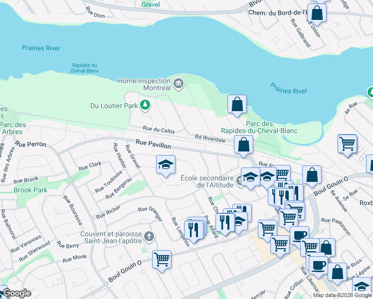 map of restaurants, bars, coffee shops, grocery stores, and more near Rue Pavillon in Montréal