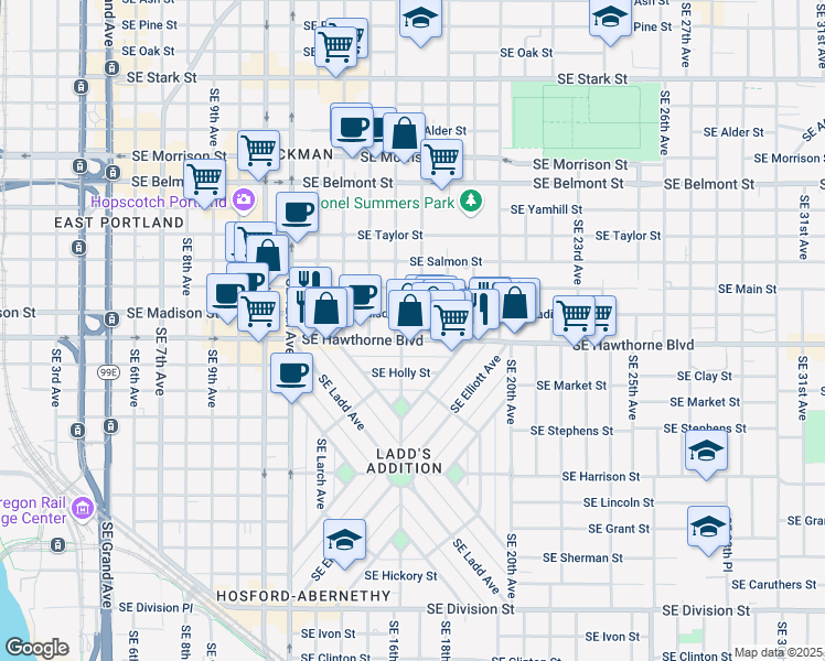 map of restaurants, bars, coffee shops, grocery stores, and more near 1625 Southeast Madison Street in Portland