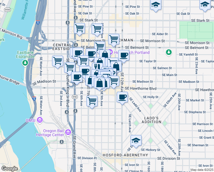 map of restaurants, bars, coffee shops, grocery stores, and more near 1380 Southeast 9th Avenue in Portland