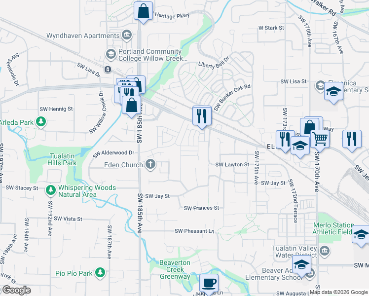 map of restaurants, bars, coffee shops, grocery stores, and more near 18142 Southwest Haggerty Lane in Beaverton