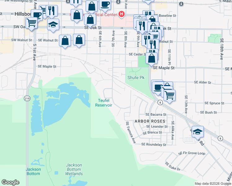 map of restaurants, bars, coffee shops, grocery stores, and more near 730 Southeast High Street in Hillsboro
