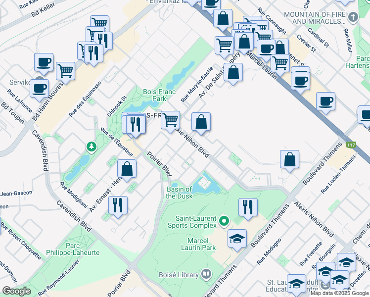 map of restaurants, bars, coffee shops, grocery stores, and more near 2360 Rue Charles-Darwin in Montréal