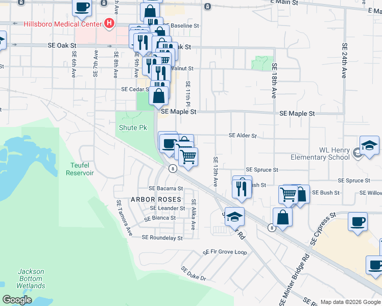 map of restaurants, bars, coffee shops, grocery stores, and more near 951 Southeast 13th Avenue in Hillsboro