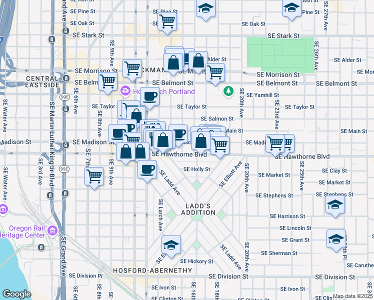 map of restaurants, bars, coffee shops, grocery stores, and more near 1505 Southeast Madison Street in Portland