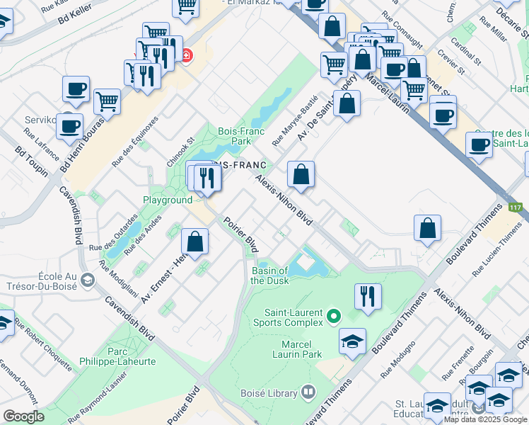 map of restaurants, bars, coffee shops, grocery stores, and more near 2387 Rue Charles-Darwin in Montréal