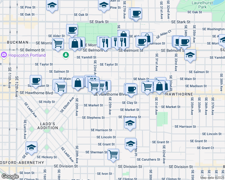 map of restaurants, bars, coffee shops, grocery stores, and more near 1426 Southeast 25th Avenue in Portland