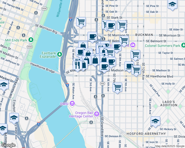 map of restaurants, bars, coffee shops, grocery stores, and more near in Portland