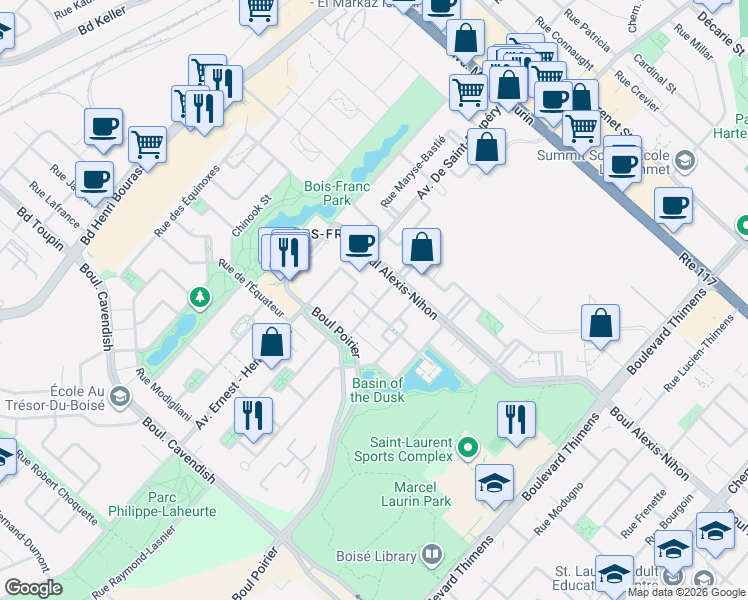 map of restaurants, bars, coffee shops, grocery stores, and more near 1749 Rue du Pirée in Montréal