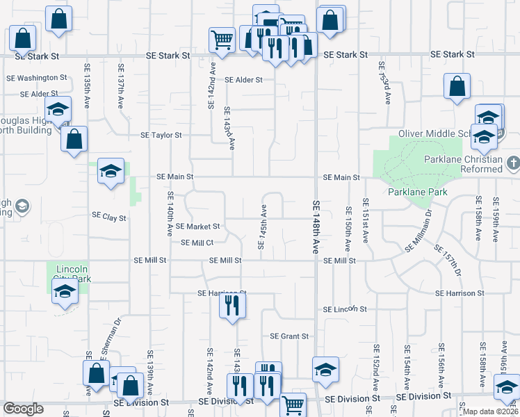 map of restaurants, bars, coffee shops, grocery stores, and more near 1505 Southeast 145th Avenue in Portland