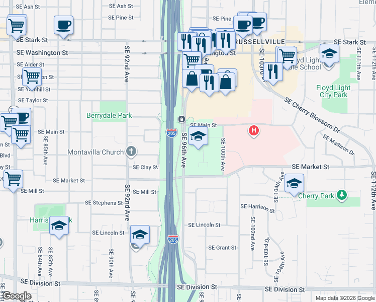 map of restaurants, bars, coffee shops, grocery stores, and more near 1500 Southeast 96th Avenue in Portland