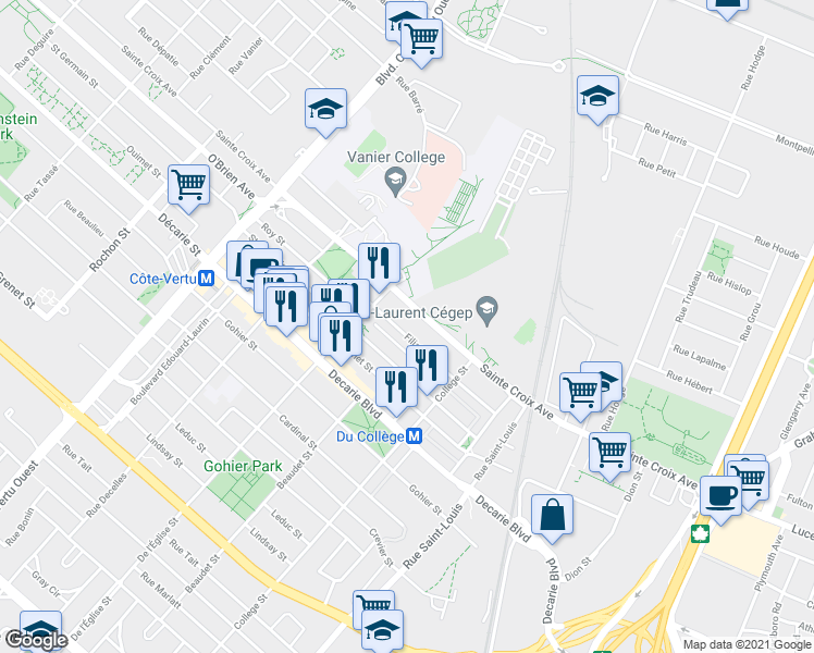 map of restaurants, bars, coffee shops, grocery stores, and more near 727 Filiatrault Street in Montrã©Al