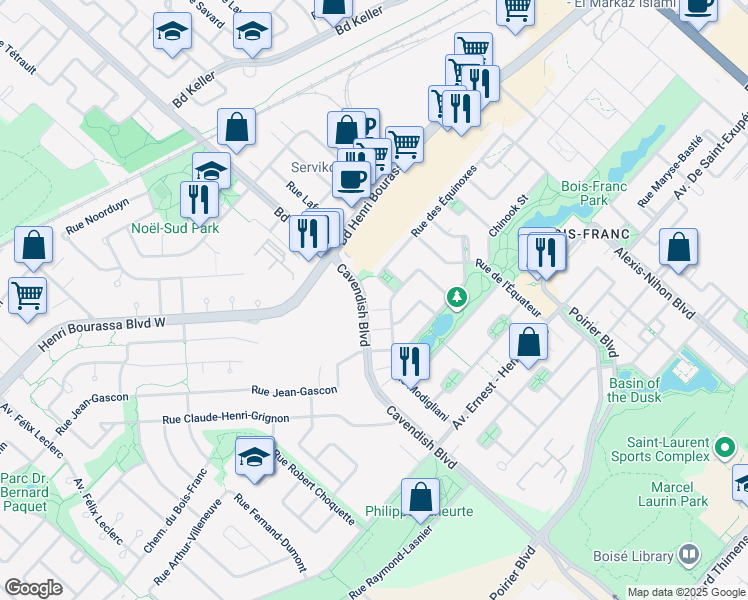 map of restaurants, bars, coffee shops, grocery stores, and more near 14411 Boulevard Cavendish in Montréal