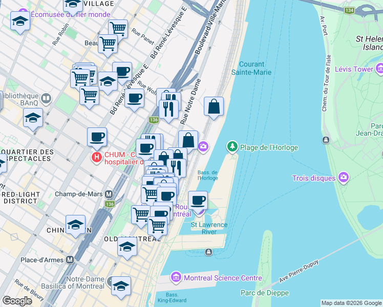 map of restaurants, bars, coffee shops, grocery stores, and more near 801 Rue de la Commune Est in Montréal