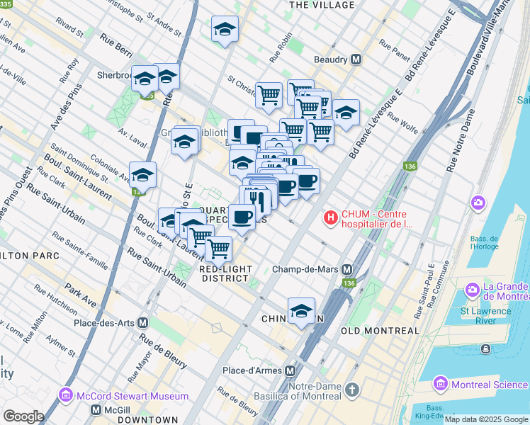 map of restaurants, bars, coffee shops, grocery stores, and more near 278 Rue Sainte-Catherine Est in Montréal
