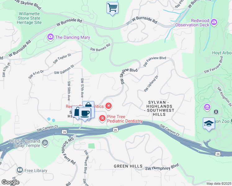 map of restaurants, bars, coffee shops, grocery stores, and more near 5202 Southwest Burton Drive in Portland