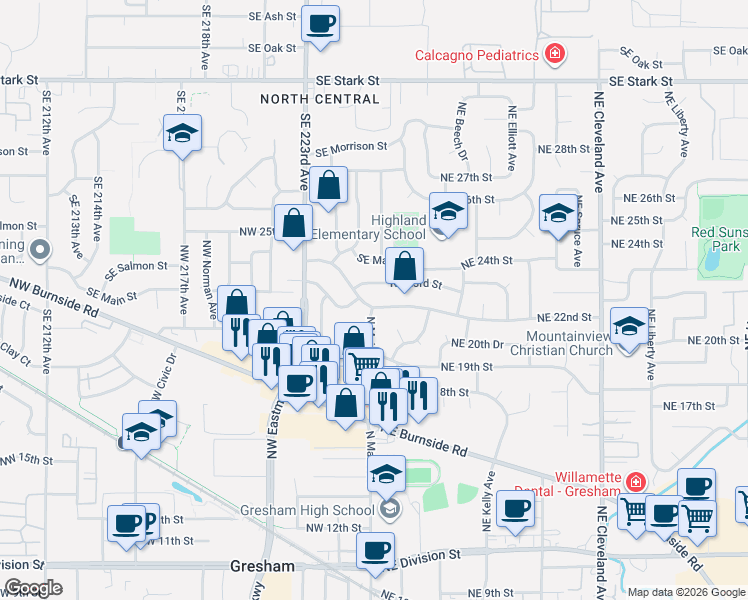 map of restaurants, bars, coffee shops, grocery stores, and more near 75 Northwest 23rd Street in Gresham