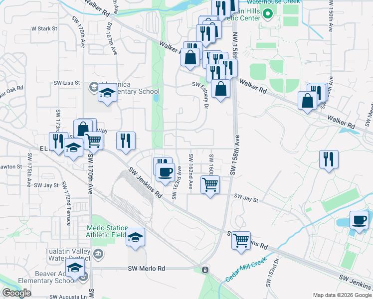 map of restaurants, bars, coffee shops, grocery stores, and more near 950 Southwest 163rd Avenue in Beaverton