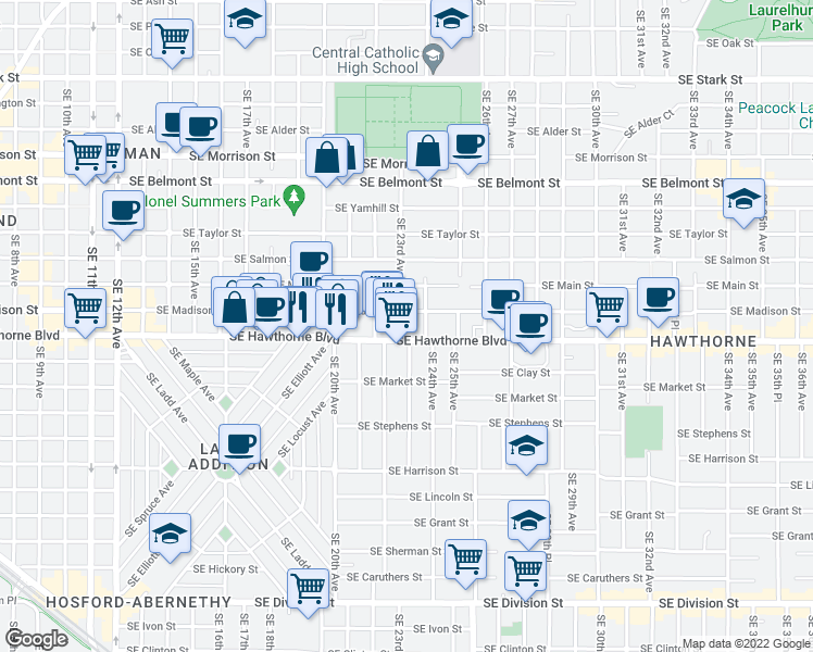 map of restaurants, bars, coffee shops, grocery stores, and more near 1422 Southeast 23rd Avenue in Portland