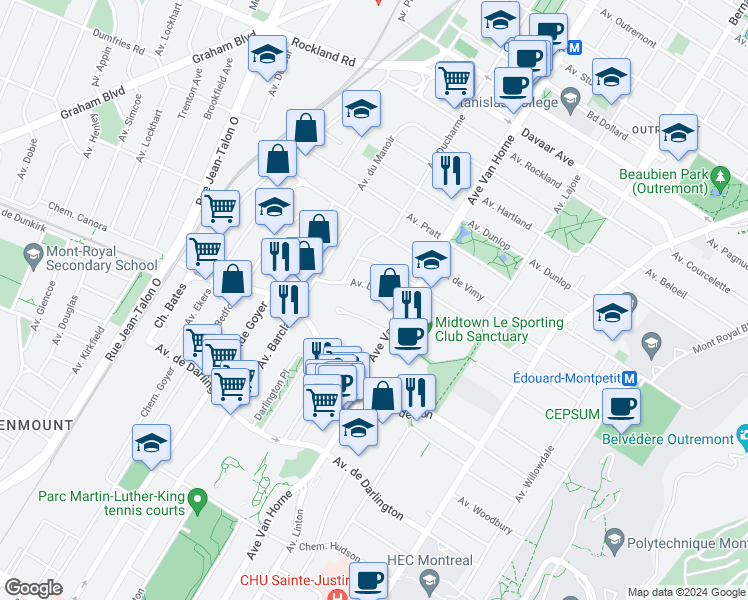 map of restaurants, bars, coffee shops, grocery stores, and more near 6250 Avenue Lennox in Montrã©Al