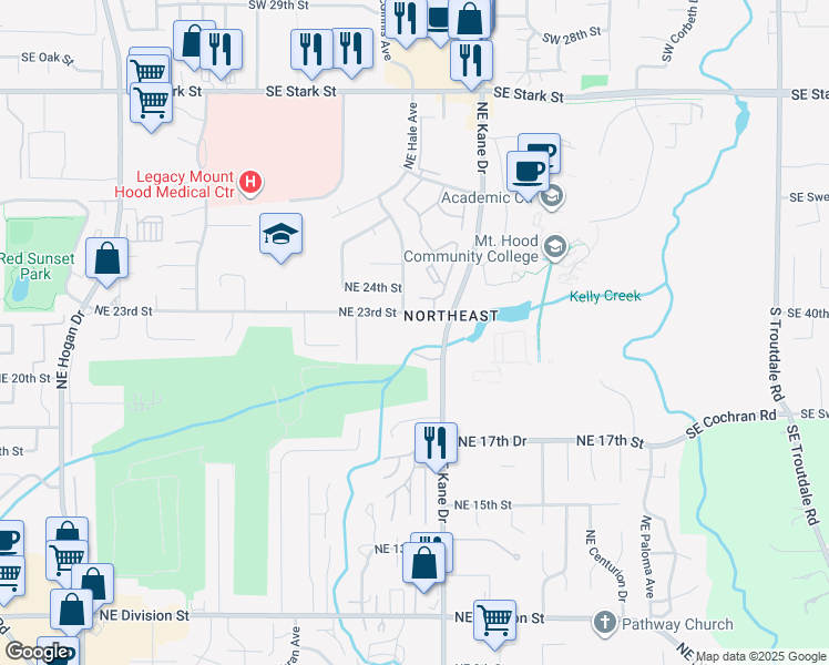 map of restaurants, bars, coffee shops, grocery stores, and more near 3050 Northeast 23rd Street in Gresham
