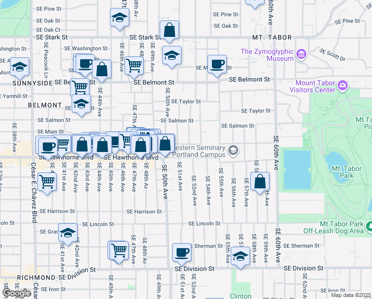 map of restaurants, bars, coffee shops, grocery stores, and more near 5115 Southeast Madison Street in Portland